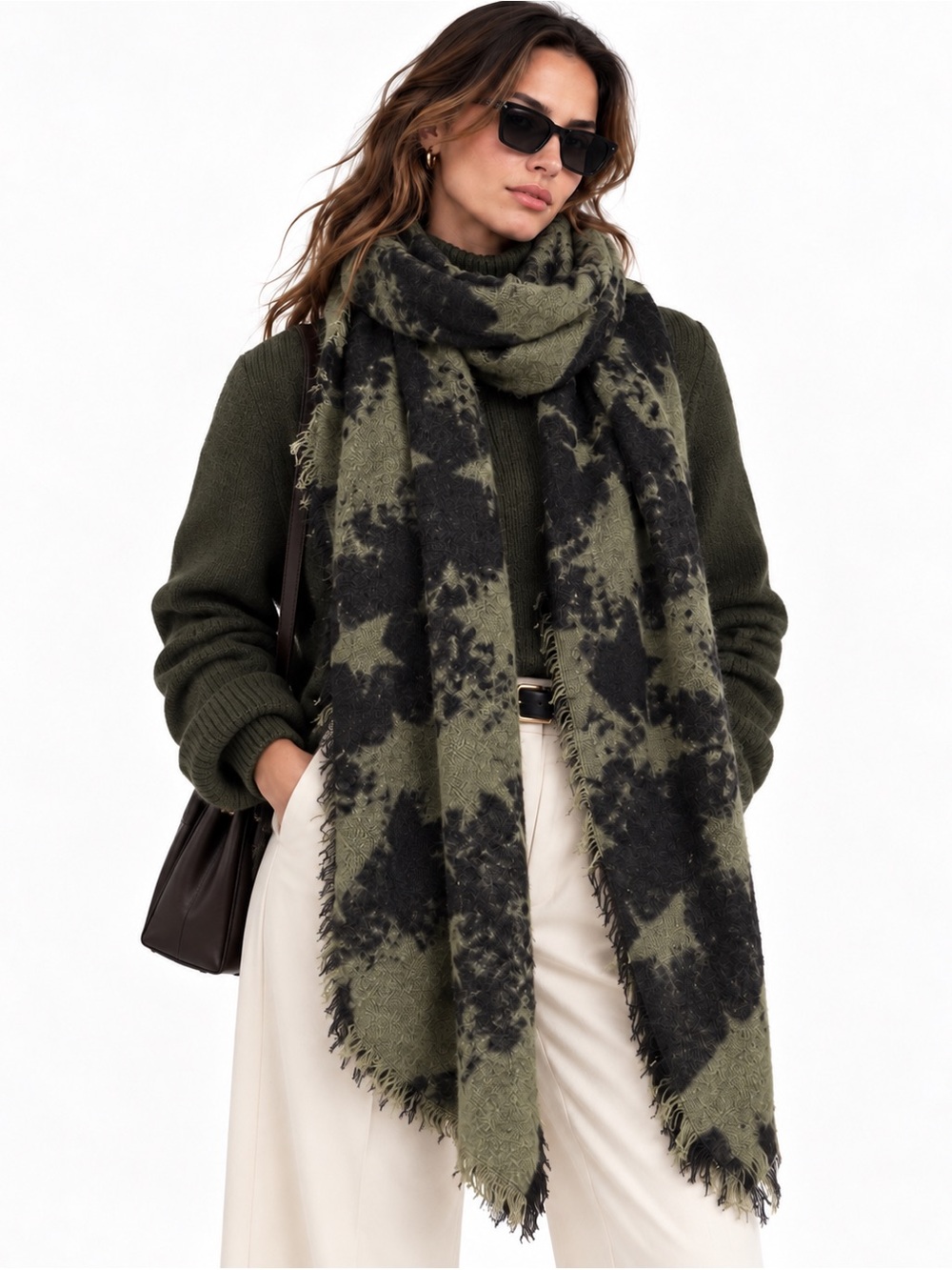 Steve Madden Olive Black Star Print Oversized Blanket Scarf Wrap